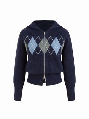 Cider Navy Argyle Zip Front Hooded Sweater